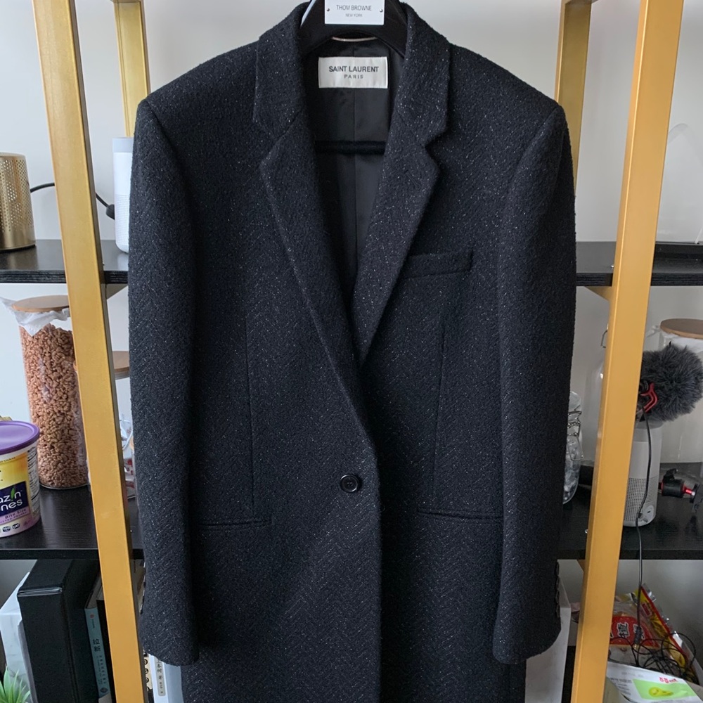 Saint Laurent Black Tweed Wool Coat
